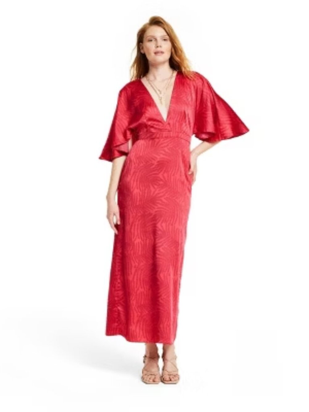 Fe Noel Red V-Neck Maxi Dress with Flutter Sleeves